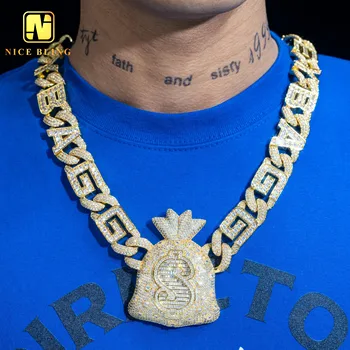 Custom 70cm dollar design money bag pendant necklace 18K gold plated brass jewelry baguette cz diamond hip hop pendant chain