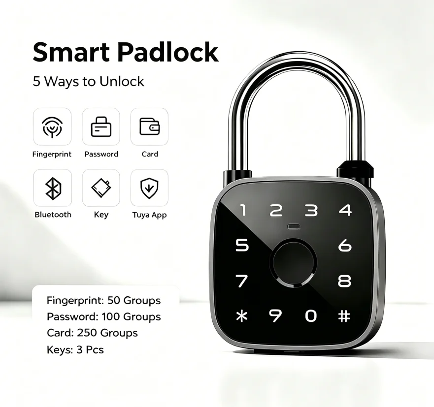 Smart Aluminum Alloy Padlock with Fingerprint Password RFID Card Key Smart Tuya App for Unlock for Wood Door Garage Shed Locker