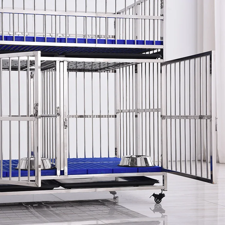 2-Door Stainless Steel Dog Crate with Plastic Tray Folding Pet Cage Featuring Solid Pattern
