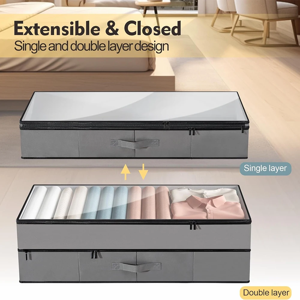2-Pack Foldable 70L Extensible Double Layer Underbed Storage Bins Modern Design 3 Handles Bulk Packed 1cm Organization Tool