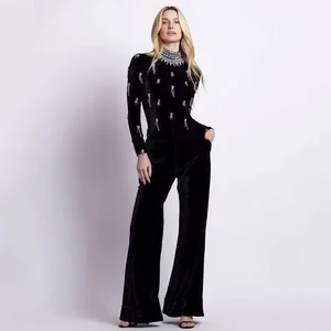 2025 Autumn Winter New High Waist Jumpsuit Heavy Beading Diamond Embellishment Elegant Bandage Wide Leg Pants