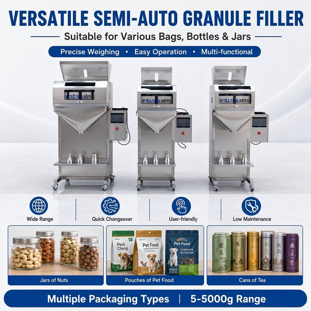 Semi-Automatic 5g-5kg Sugar Granule Filling Machine for Food Packaging in Plastic/Paper Pouches or Bags (Filling Auto Brand)