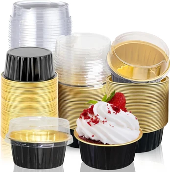 Laixin Aluminum Foil Baking Cups Mini Cake Pans With Lids 4oz Cupcake Liners Disposable Muffin Tins Wrappers Foil Ramekins Conta
