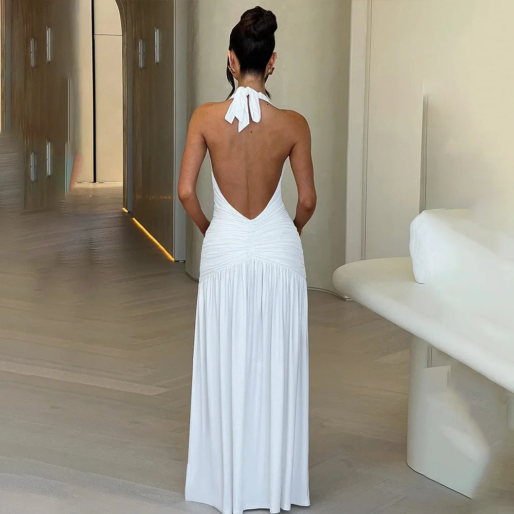 Liu Ming Latest Design 2024 Fashion Women Solid Sleeveless Halter V Neck Backless Ruched Maxi Split Evening Party Dresses