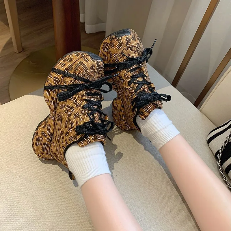 Dropshipping Custom Logo Rhinestones Leopard Print Designer Shoes Women Chunky Platform New Styles Walking Style Sneakers