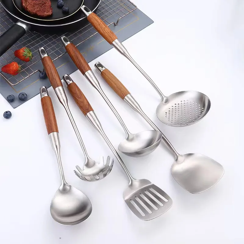 Cooking Utensil Set 304 Stainless Steel Kitchen Utensils With Wood Handle 6 Pieces Kitchen Stainless Steel Cookware Set Utensils