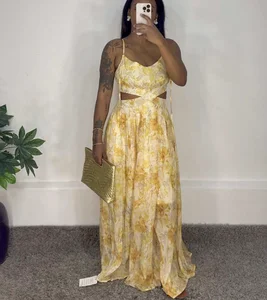 STOCK Print Trendy Smocked Maxi Dress Cut Out Sleeveless Chiffon Dress Women Beach Robe S-L