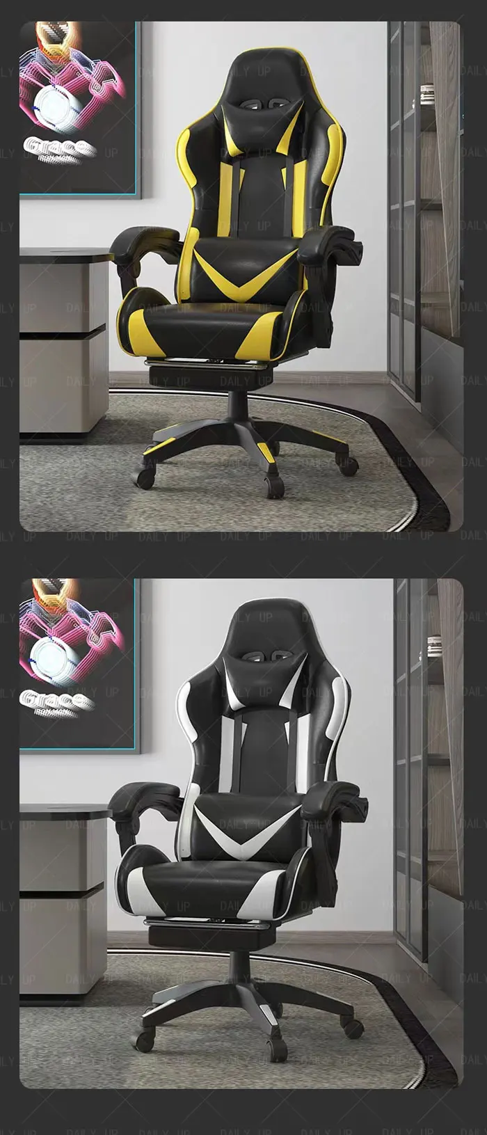 Swivel Adjustable Leather Gaming Chair With Headrest Faux Leather Silla Gaming Office Computer Racing Chair For E-Sport Gamers