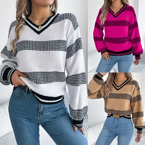 Women's Multicolored Stripe Knit Sweater V-Neck with Lantern Sleeves and Crew Neck for Autumn and Winter