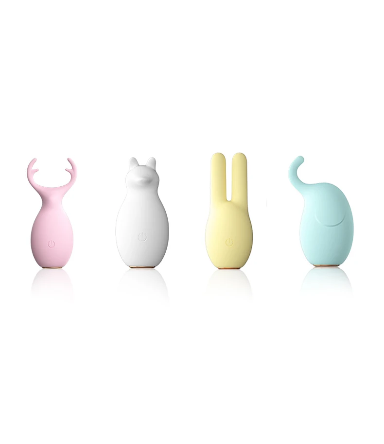Cute animal-shaped clitoral and nipple vibrator in multiple color finishes displayed with USB charging cable