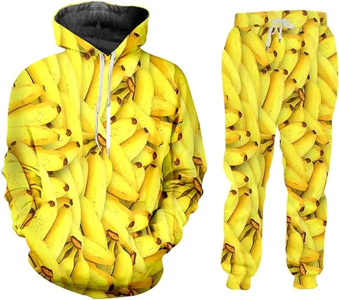 Deep Men 3D Banana Print Hoodies and Pants 2 Piece Set