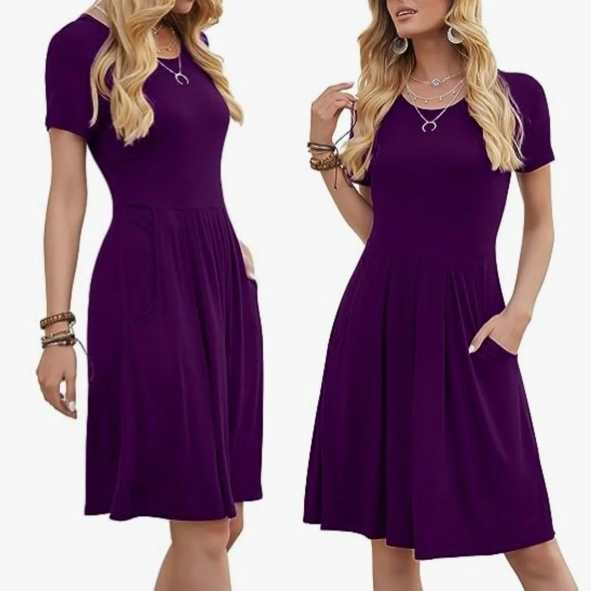 2024 Women Summer Bohemia A-line Dress Short Sleeve V-neck Pocketed Dresses Knee Length Lady High Waist Casual Dresses