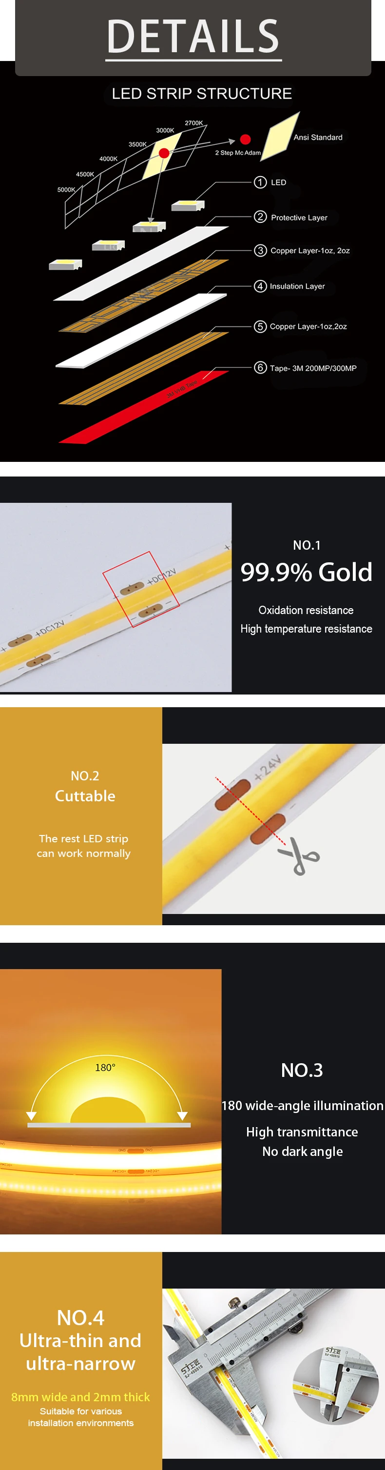 3 Years Warranty COB LED Strip 480LEDs CE RoHS 12V 24V 100ft Warm White 6500k Light Flexible COB LED Strip Light