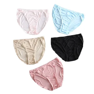Wholesale 100% Silk Mid-Rise Bikini Panties Women Lovely Sexy Sheer Lace Striped Plain Dyed Knitted Underwear