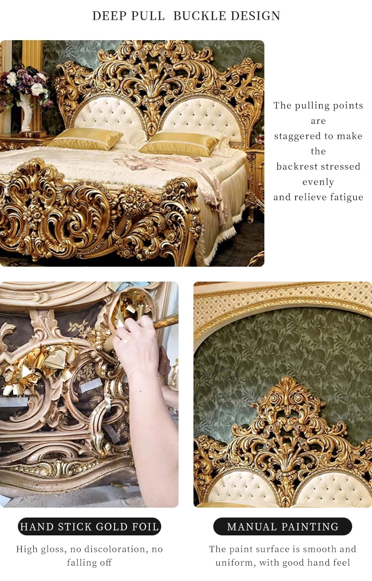 European Classical Luxury Gold Bedroom Set Rococo Palace Royal Golden Solid Wood Hand Carving