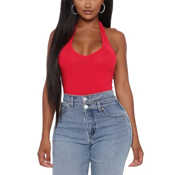 2022 Summer Red Cropped Halter Scoopneck Top Women Lady Solid Backless Cotton Tank Tops