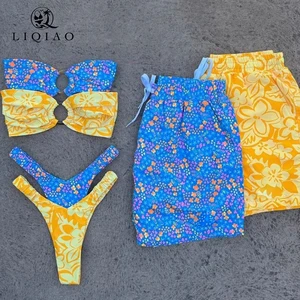 Floral Two-Tone Breathable Plus Size Knitted Reversible Swimwear & Cover-Up Set