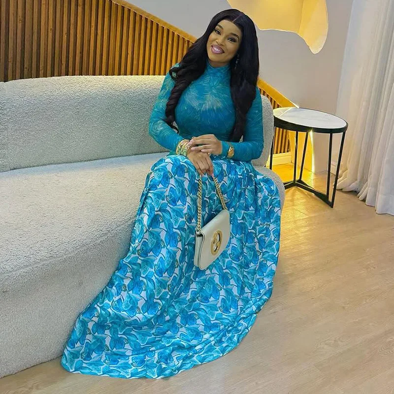 Women a Line Maxi Dress Autumn Light Blue Long Sleeve Dress Slim Waist  Mid-turtleneck Chic Elegant Evening Dresses Ladies