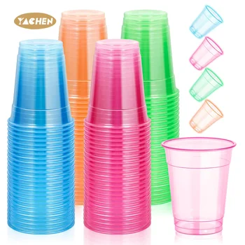 YACHEN 4PCS/Pack Neon Colors 12OZ Glow Under UV Black Light Plastic Party Cups for Birthday Wedding Neon Party Decorations