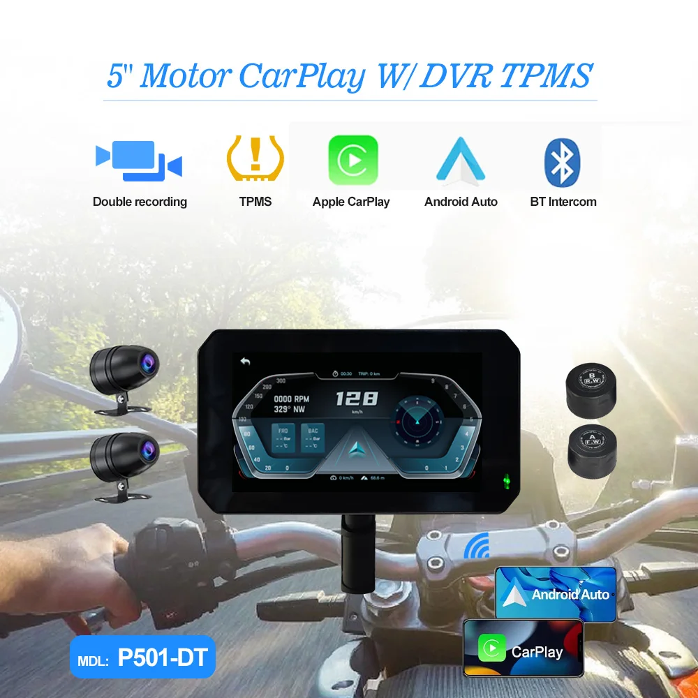 Aboiled Motorfiets GPS-Carplay-touchscreen, draadloos CarPlay en draagbare Android-autostereo, 5 waterdicht, dual bluetooth