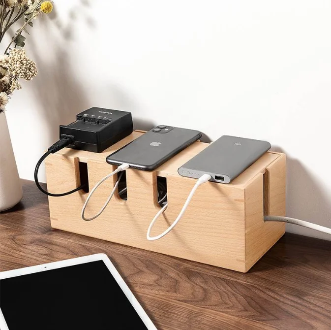 Wood Power Cord Protector Household Charger Organizer Wooden Cable Management Box With Cover