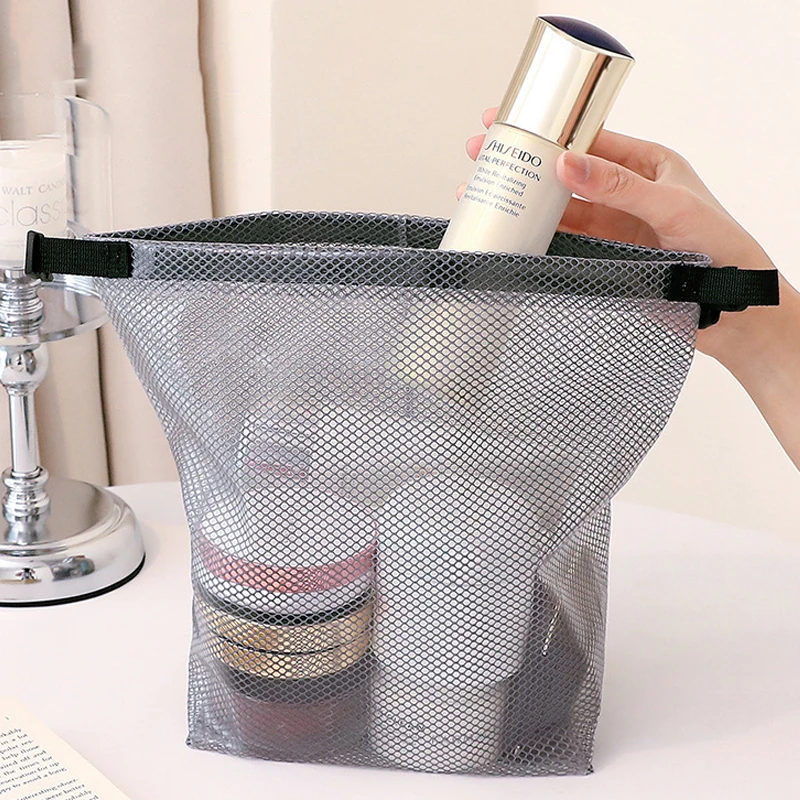 Large Capacity Waterproof Portable Mesh Cosmetic Storage Bag Mesh Travel Toiletry Bags With Buckle Handle