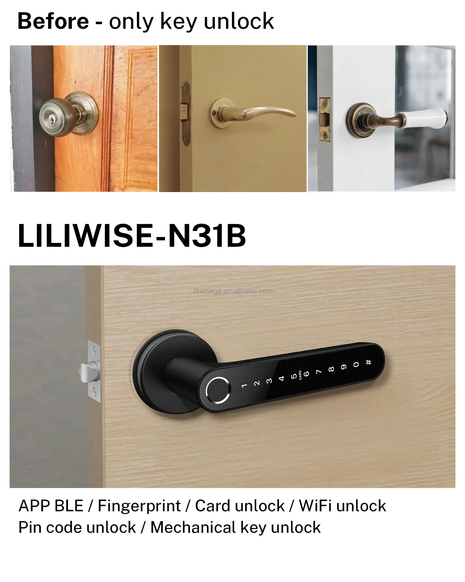 Smart Handle Lock with 6V Battery MF1 Card and 35~65mm Fit Electronic Door Lock for Secure Access 6