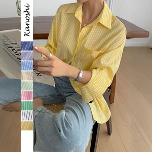 Women's Button Down Shirts Striped Long Sleeve Tops Classic Office Work Casual Blouses with Pocket