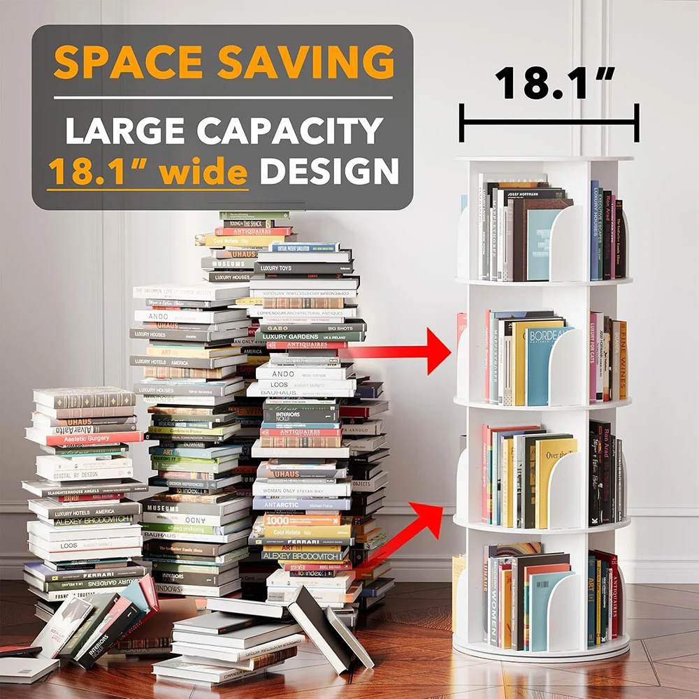product 4 tier wooden modern rotating bookshelf tower lazy susan revolving 360 book storage carousel vertical turn corner organizer-1