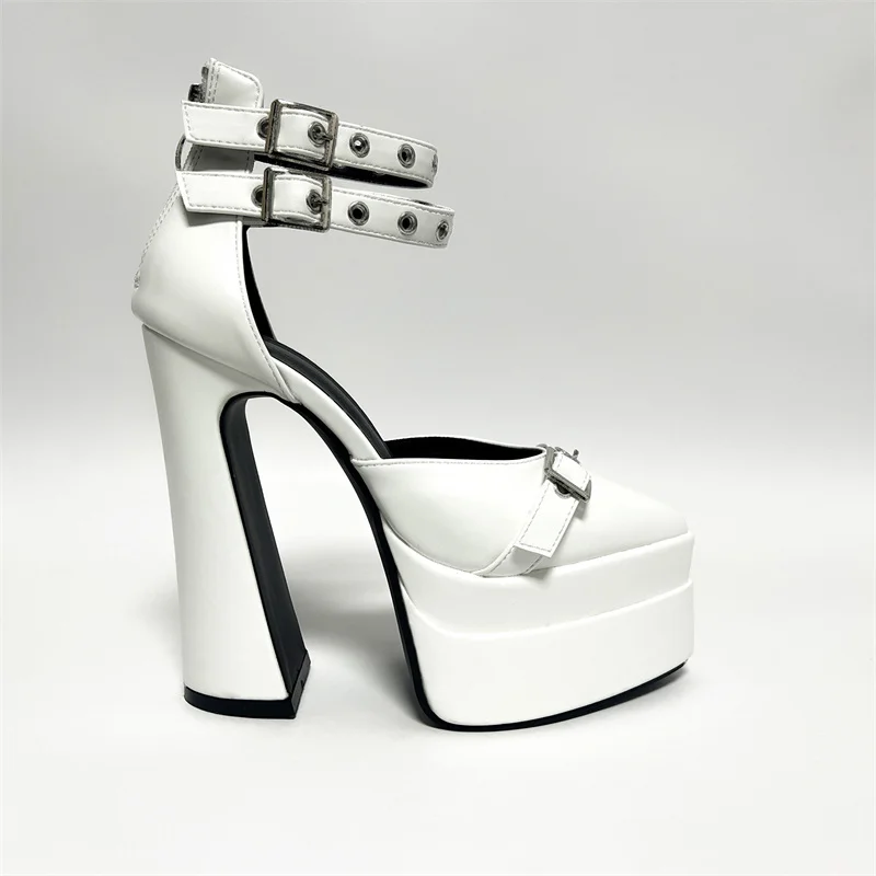 Black White Shoes with Belt Buckle High Heels for Women