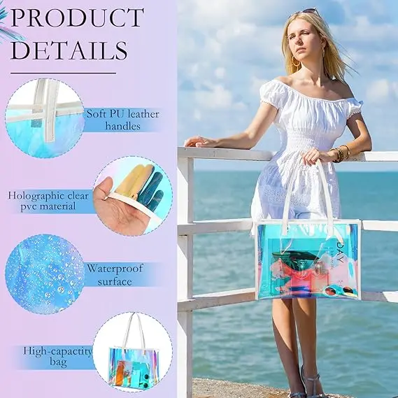 Portable Holographic Clear Tote Bag with Leather Handle Iridescent Bachelorette Beach Bag for Work Stadium Travel details