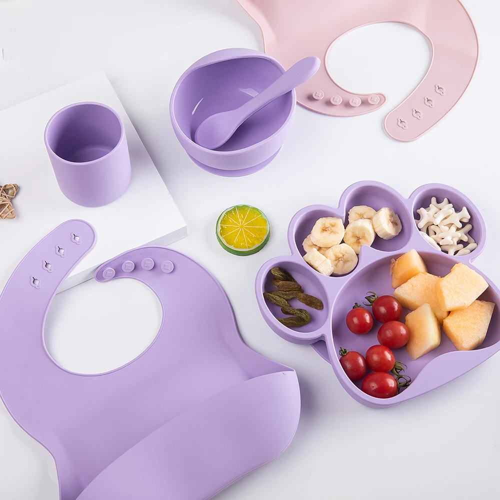 Customizable lovely simple solid silicone feeding set bib fork spoon bowl cup set Easy to clean supplier