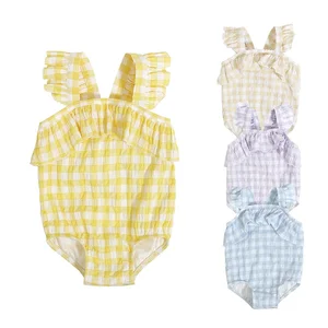 Lovely Summer Frill Baby Girl Romper Checkered Sleeveless Baby Bubble Romper Ruffle Jumpsuit