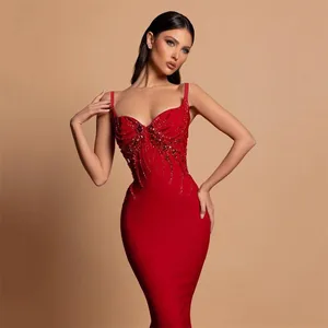 Sexy Spaghetti Strap Crystal Diamonds Beading Red Long Bandage Elegant Evening Wholesale Party Women Dress Manufacturer