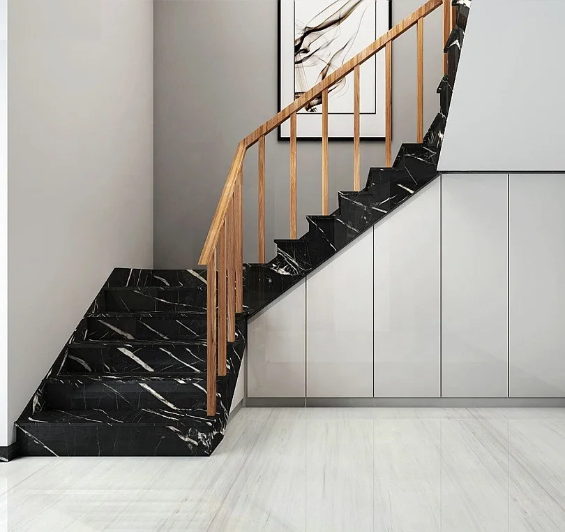 Durable Nero Marquina Black Marble With White Veins Stair Case Tiles Steps For Sale