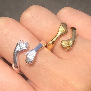 2026 Wholesale Custom Finger Love Hugging Hand Rings Couple Gold Plated 925 Sterling Silver Hug Finger Ring Adjustable for Women