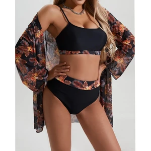 OEM New Design Sexy 3 Piece Bikini Set Beachwear With Print Mesh Long Sleeve Cover up Bandeau Swimsuit Women High Waist Swimwear