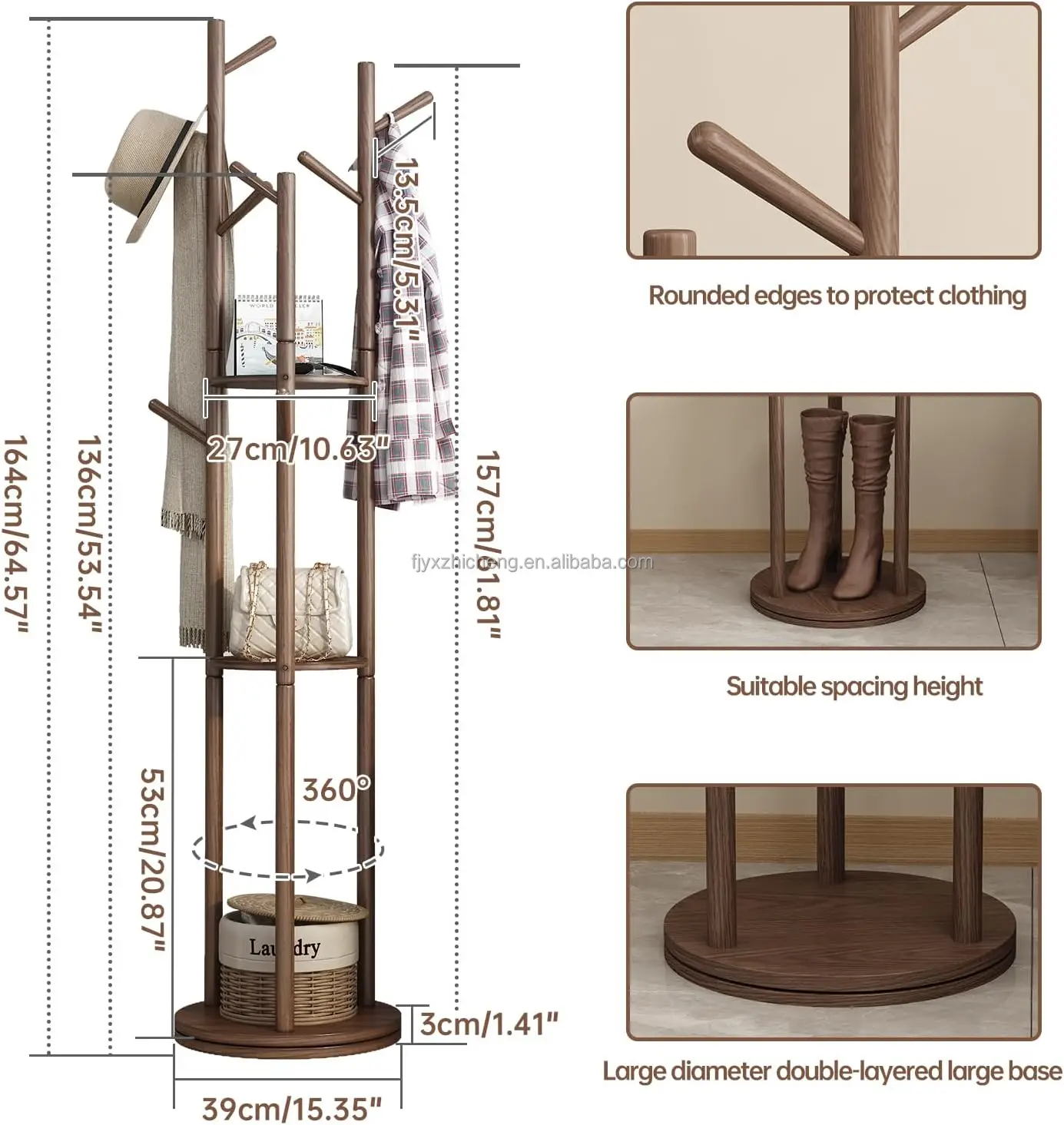 product coat rack solid wood rotary coat rack stand freestanding coat rack with 3 shelves and 9 hooks-3