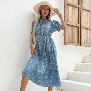 2025 Elegant Pleated Chiffon Dress with Puffed-Sleeve Retro Polka Dot Tie Mid-Length and Natural Waistline Washable