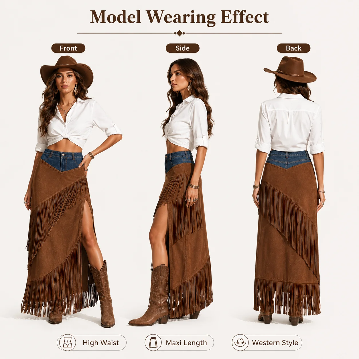 Hot Sale Empire Waist Vintage Tassel Beaded Anti-Wrinkle Mid-length Spliced Denim Hem Irregular Suede Skirt