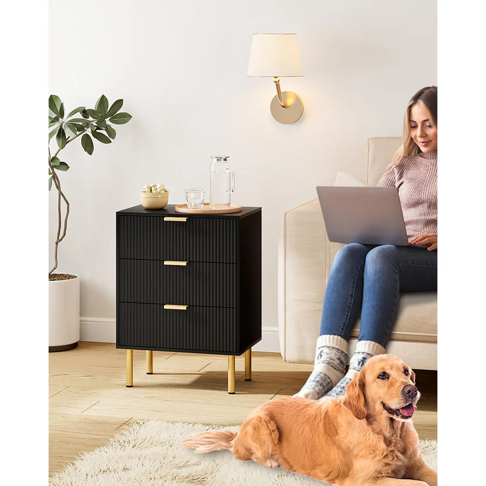 Modern Gold Frame Nightstand with 3 Storage Drawers Tall Bedside Table for Bedroom & Living Room MDF End Table Furniture factory
