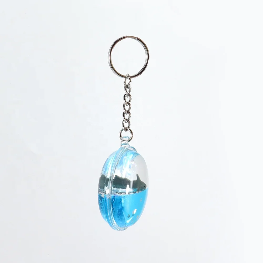 Round Shark Floaty Liquid Quicksand Oil Waterfall Floating Blue Water Glitter Powder Flow Fluid Bubble Key Chain