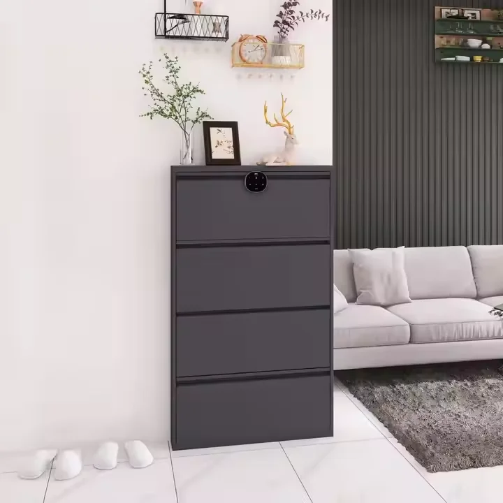 Металлический шкаф для обуви с 4 откидными ящиками настенный и без сборки стальной хранения магнитным гусем