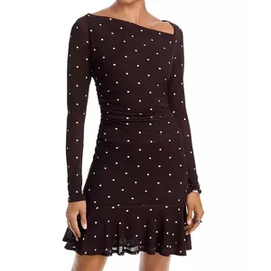 Custom Lady Party Dress A-Line Long Sleeve Wrap Mesh Ruffled Hem Dot Print Sexy Mini Fit Dress Women's Dresses