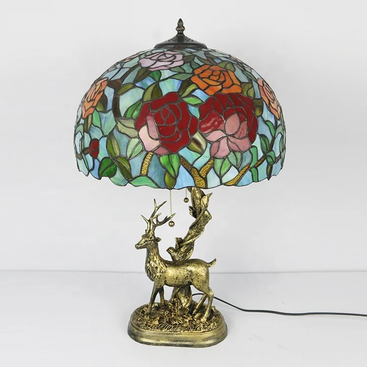 LongHuiJing 16Inch Large tiffany Table Lamp Rose Flower Stained Glass Lampshade With Deer Resin Base