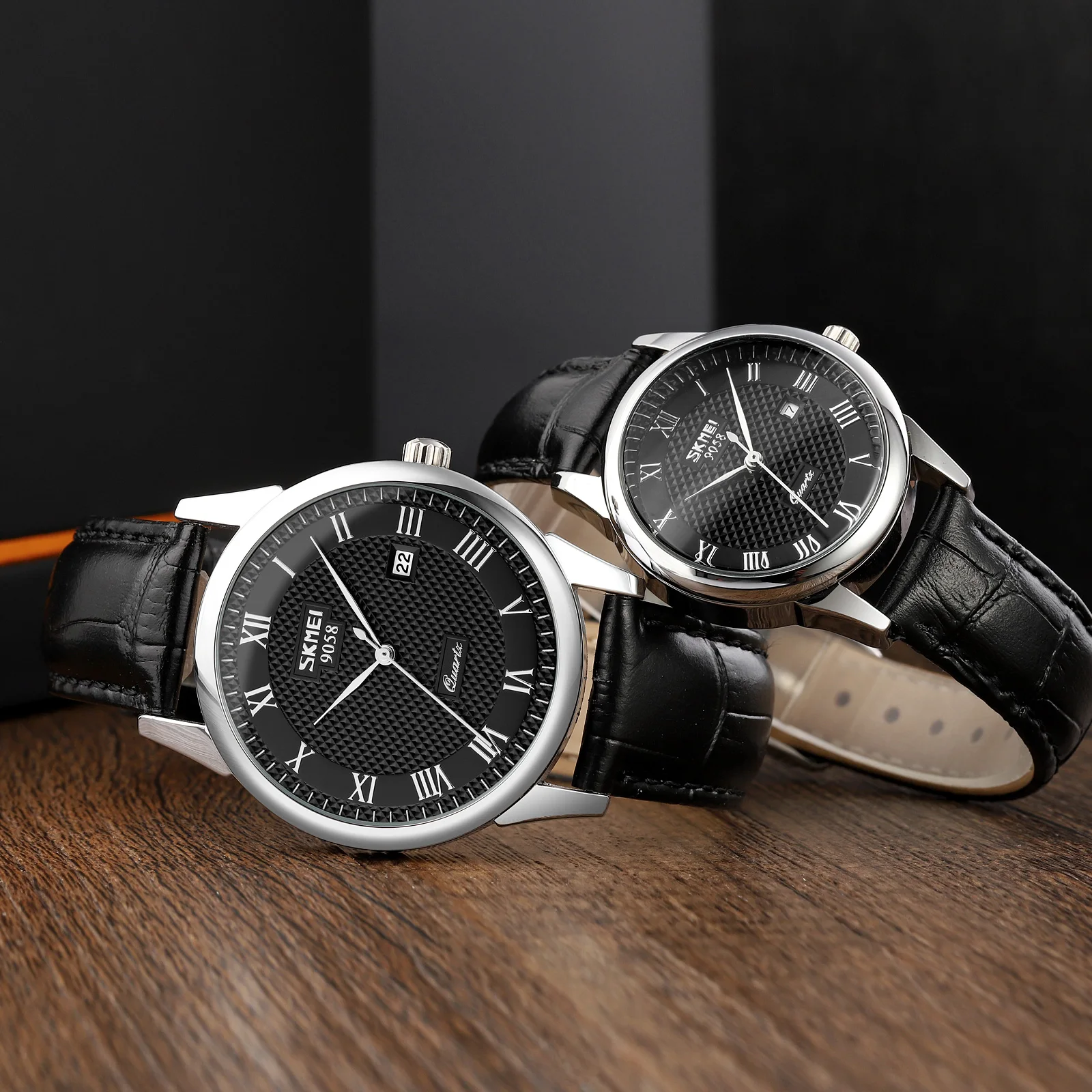 SKMEI 9058 Waterproof Couples Quartz Watches - Elegant Leather