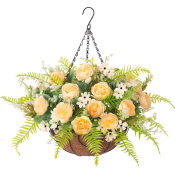 Artificial Hanging Silk Rose Peony Flowers with Basket Flower with Coconut Lining Hanging Baskets Decoration of Courtyard