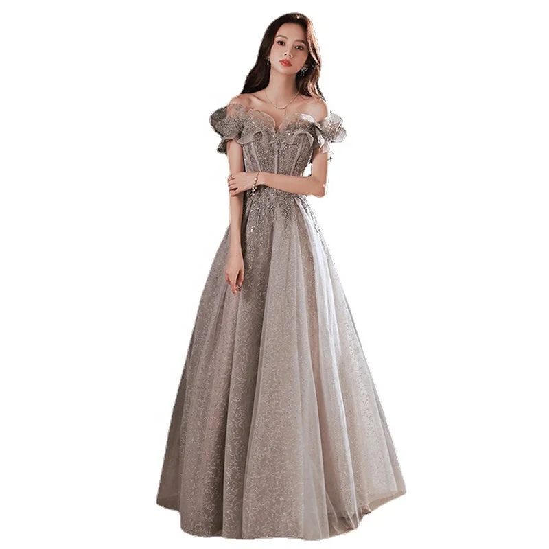 2023 Elegant Gray Flowers Evening Dress Women Off Shoulder Shiny Sequin