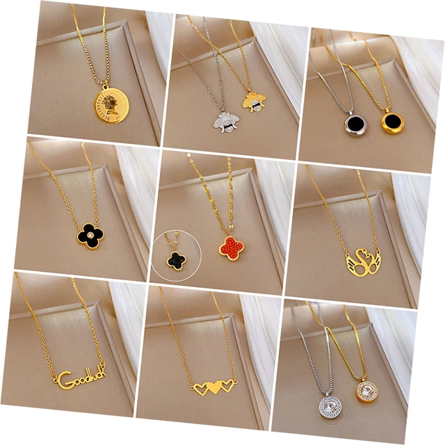 2023 Fashion Cute Queen Round Zircon Pendant Stainless Steel Gold Plated Lucky Four-Clover Pendant Necklace Jewelry for Women