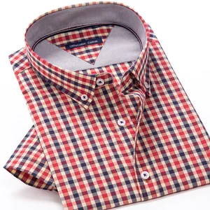 Summer Eco-Friendly Breathable Cotton Red Plaid Dress Shirts Slim Plus Size Short Sleeve Men's Square Collar ODM